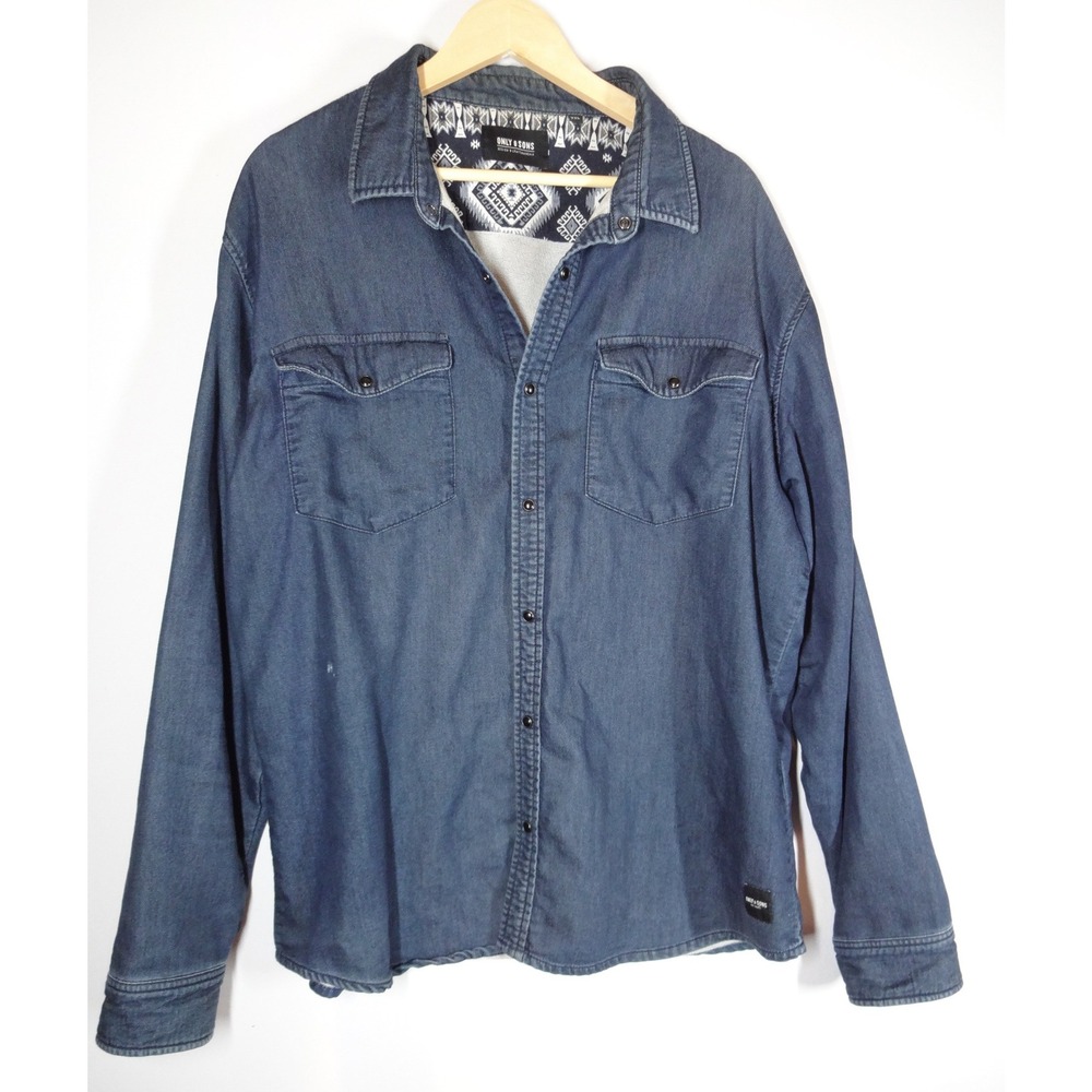 Only & Sons Denim Shirt XXL Dark Wash Slim Fit Button Down Workwear Minimalist